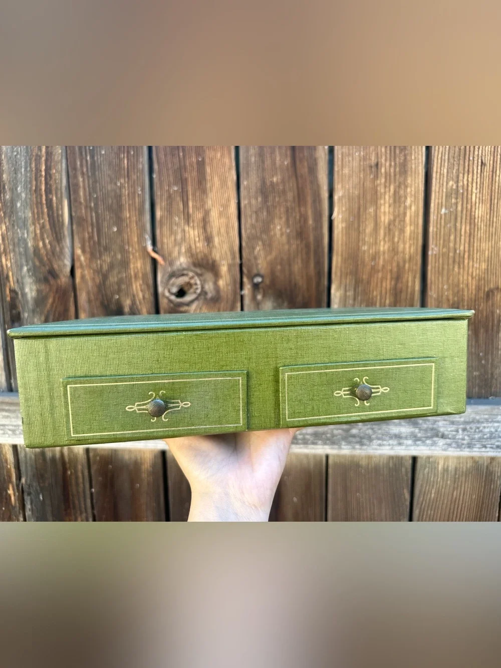 Vintage Cardboard/Leather-like Jewelry Box Green  1960's Trinket 2 Drawers